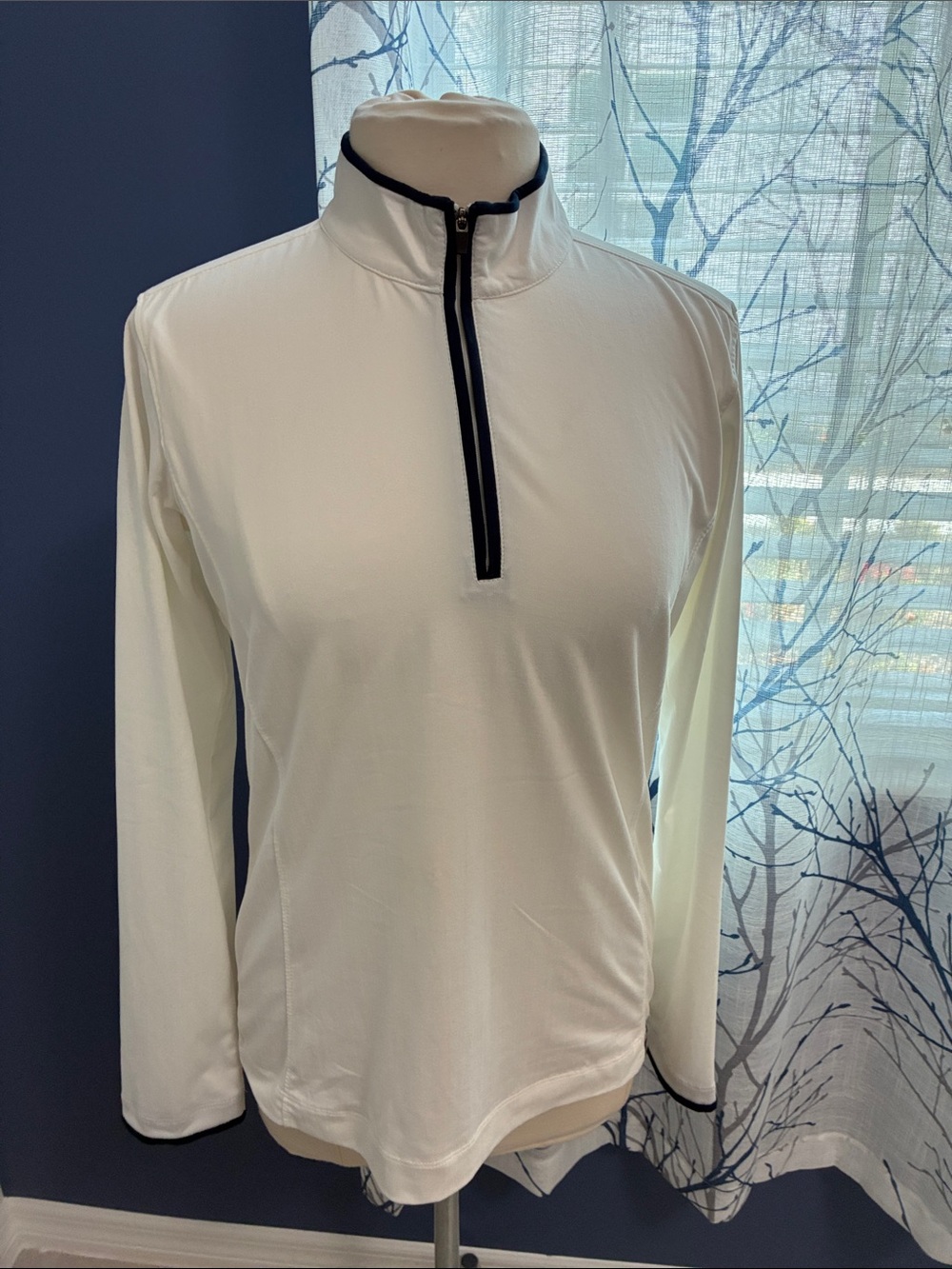 Maggie Lane White Long Sleeve Quarter-Zip Top with Navy Trim